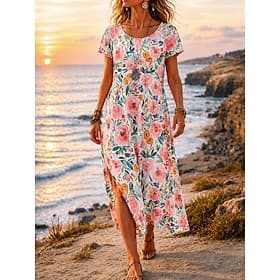Femmes Robe Midi Robe trapèze Occasionnel Plage Coupe régulière Fleuri Graphique Manche Courte Col ras du cou Bleu Rose Claire Été Printemps