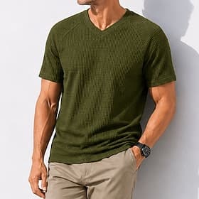 Homme Tee-shirt Gaufre T-shirt Manche Courte Col en V Été Printemps Couleur Unie Streetwear Élégant Occasionnel Pur Manche raglan Occasionnel Quotidien Extérie