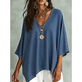 Chemise bohème femme style jean, décontractée, unie, manches courtes, col V, courte, idéale pour les vacances et le quotidien. Disponible en bleu, noir et bleu