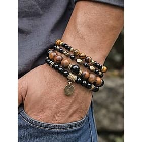 Bracelet pour homme à trois rangs en pierre œil de tigre, œil de tigre naturel Perles en alliage, bijoux masculins vintage superposés, parfaits pour les voyage