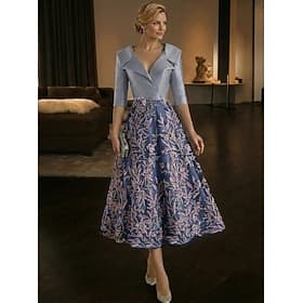 Ligne A Longueur thé Robes de Cocktail Élégant ancien Floral Manche 3/4 Col en V Soirée Mariage Satin Dentelle avec Fleur brodée Broderie Appliques