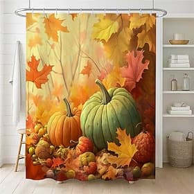 Rideau de douche imprimé feuilles de citrouille, motif fête des récoltes d'automne, en tissu imperméable, avec 12 crochets en plastique, lavable en machine.