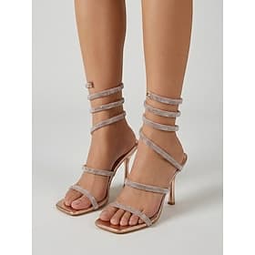 Sandálias femininas sensuais com salto espiral em formato de cobra e strass - stilettos metálicos em tom rosé dourado, perfeitas para sair à noite ou para a ba
