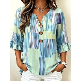Women's Shirt Patchwork Buttons Print Graphic Geometric Striped Vintage Stylish 3/4 Length Sleeve V Neck Crop Tops Casual Daily Holiday Green Summer Spring