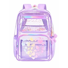 Sac à dos transparent violet ultra-résistant pour filles - Sac d'école transparent homologué pour les stades, orné de cœurs arc-en-ciel Paillettes pour enfants