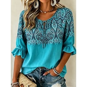 Femmes Chemisier Imprimé A Ombre Graphique Paisley ancien Quotidien Élégant Demi Manches Cravate au cou Hauts Réguliers Occasionnel Quotidien Bleu Kaki Rose Cl
