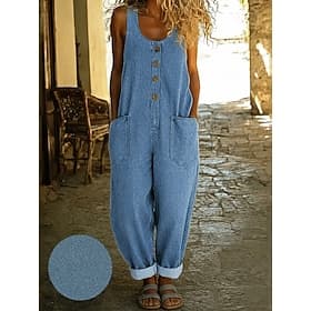 Femmes Normal Jeans Actif Couleur Unie Sans manches Jambe large Col carré Quotidien Plage Coupe Ample Bleu Noir bleu marine Été