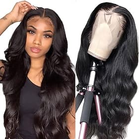 Perruque Cheveux Naturel humain dentelle frontale 13x4 Cheveux Brésiliens Ondulation naturelle Lisse Noir Naturel Raie au milieu Femmes Densité 180% Pré-pincé