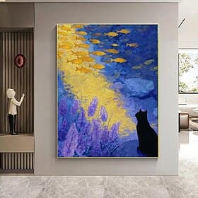 Peinture à l'huile sur toile, faite à la main, décoration murale, paysage nocturne impressionniste, chat observant des poissons dans un étang, abstrait, pour l