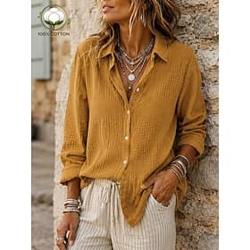Femmes 100% Coton Chemise boutonnée Texture Boutons Quotidien manche longue Occasionnel Jaune Rose Claire Beige Printemps, Automne, Hiver, Été
