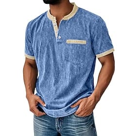Homme Chemise Henley Chemise 100% coton délavée à l'acide T-shirt Manche Courte Couleur Pleine Rétro Vintage Occasionnel Le style rétro Bloc de Couleur Lavé He