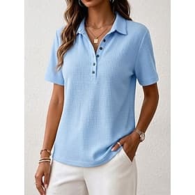 Femmes Tunique Boutons Couleur Unie ancien Élégant Classique Manche Courte Col de chemise Hauts Réguliers Occasionnel Quotidien Bleu Noir Blanche Rose Claire R