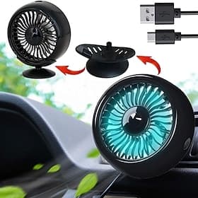 Ventilateur USB pour voiture, à fixer sur le tableau de bord. Ventilateur portable à 3 vitesses avec éclairage d'ambiance LED coloré, rotatif à 360° et silenci