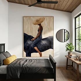 Peinture à l'huile faite main représentant une femme élégante coiffée d'un chapeau à larges bords sur un cheval noir. Toile peinte à la main. Art mural figurat
