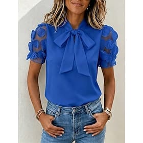 Women's Summer Shirt Jacquard Knotted Mesh Solid Color Elegant Short Sleeve Tie Neck Regular Tops Casual Office Blue Red Summer Spring
