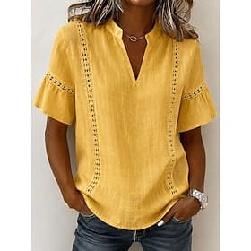 Chemisier femme 100% coton, bordure en dentelle, couleur unie, style vintage élégant, manches courtes, col en V, coupe classique, décontracté, jaune, été, prin