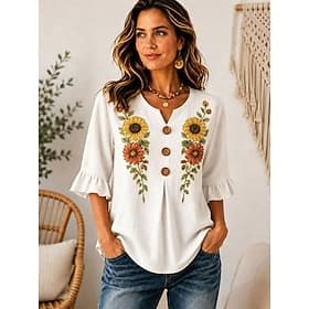 Femmes Chemise Boutons Imprimé Fleuri Graphique ancien Élégant Manche 3/4 Col en V Hauts Réguliers Occasionnel Quotidien Fête Bleu Blanche Jaune Rose Claire Ét