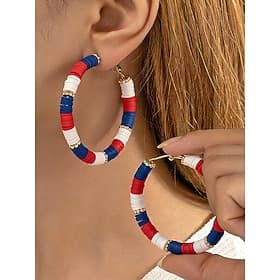 Boucles d'oreilles créoles patriotiques pour femmes, en résine Créoles en alliage rouge, blanc et bleu, boucles d'oreilles rondes multi-styles pour le 4 juille