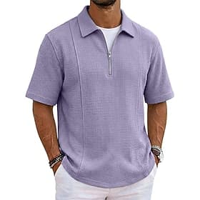 Homme Chemises Polo Gaufre Texturé Occasionnel Travail Revers Manche Courte Basique Moderne Uni Boutons Respirable Printemps Été Coupe décontractée Bleu Noir