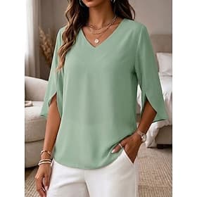 Women's Shirt Blouse Pullover Solid Color Elegant Fashion Half Sleeve V Neck Regular Tops Casual Daily Outdoor Blue Black White Fuchsia Green Summer Spring