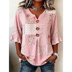 Pâques Femmes Chemisier Patchwork Boutons Imprimé Fleuri Graphique ancien Élégant Manche 3/4 Col en V Hauts Réguliers Occasionnel Quotidien Fête Bleu Rose Clai