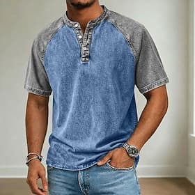 Homme Chemise Henley Chemise 100% coton délavée à l'acide Manche Courte Bloc de Couleur Patchwork Lavé Rétro Vintage Occasionnel Henley Patchwork Le style rétr