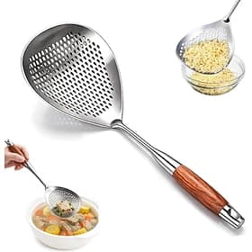 Écumoire en acier inoxydable avec manche en bois (1/2 pièce), cuillère à frire robuste avec manche de 40 cm, idéale pour les frites, les pâtes, les nouilles, l