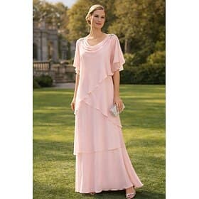 A-Linie Bodenlang Kleid für Hochzeitsgäste Stufenkleid Abendkleid Brautmutterkleid Kurzarm Wasserfallausschnitt Elegant Formell Hochzeitsgast Semi-Formal Chiff