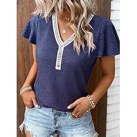 Femmes T-shirt Dentelle Patchwork Couleur Unie Élégant Mode Mignon Manche Courte Manche flottante Col en V Hauts Réguliers Occasionnel Noir Rose Claire Vin ble