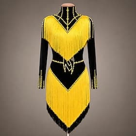 noir pour femmes Robe de danse latine jaune - Costume professionnel de salsa/samba à franges - Tenue de scène à manches longues et col montant ornée de strass