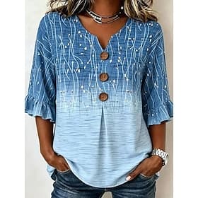 Women's Shirt Patchwork Buttons Print Floral Graphic Vintage Stylish Short Sleeve 3/4 Length Sleeve V Neck Regular Tops Casual Daily Holiday Blue Summer Spring