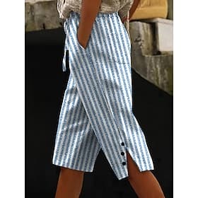 Women's Cotton Linen Shorts Capri Pants Wide Leg Chinos Vacation Vintage coastalgrandmastyle Calf-Length Mid Waist Graphic Striped Abstract Print Comfort Com