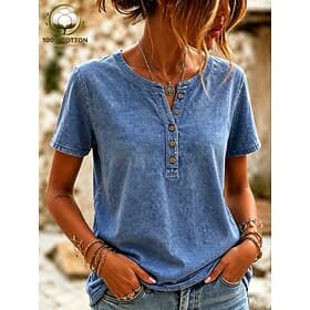 Women's Washed Cotton 100% Cotton Henley Shirt Vintage Fashion Stylish Short Sleeve Regular Tops Casual Beach Blue Pink Grey Summer Spring