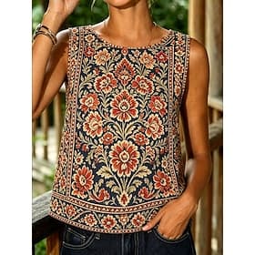 Femmes Débardeur caraco Fleuri Graphique Géométrique Élégant Bohème ancien Sans manches Col ras du cou Hauts Réguliers Occasionnel Bleu Noir Violet Été Printem