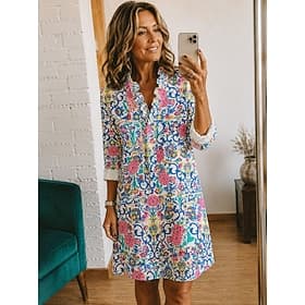 Femmes Robe Longueur Genou Robe fourreau Robe Décontractée Élégant Vacances Plage Fête Coupe régulière Graphique Paisley manche longue Col en V Bleu Blanche Or