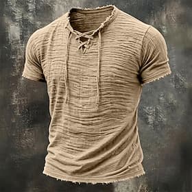Homme T-shirt T-shirt en lin Manche Courte Col à lacets Été Printemps Toutes saisons Couleur Unie Texturé Vacances ancien Sports Bord écru Occasionnel Maison E