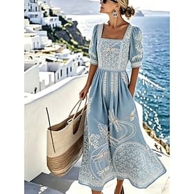 Femmes Robe Midi Robe Décontractée Robe trapèze Élégant Vacances Plage Fête Coupe régulière Fleuri Graphique Manche Courte Col carré Bleu Ciel Violet Bleu de m