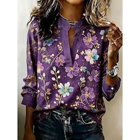 Pâques Femmes Chemise Imprimé A Ombre Fleuri Graphique ancien Élégant manche longue Col en V Hauts Longs Occasionnel Quotidien Fête Violet Été Printemps