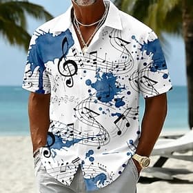 Homme Musique Notes Chemise Chemise d'été Chemise Boutonnée Manche Courte Vintage Rétro Extérieur Vacances à la Plage Été Printemps Col Rabattu Impression 3D C