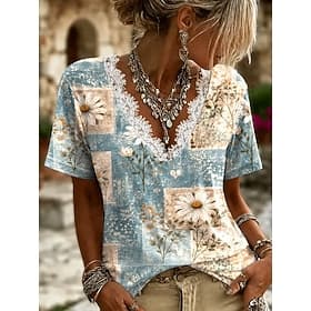 Femmes T-shirt Dentelle Élégant Classique Occasionnel Manche Courte Col en V Hauts Réguliers Occasionnel Quotidien Bleu Blanche Rose Claire Violet Claire Été P