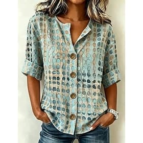 Femmes Chemise Imprimé Graphique Géométrique Rayé Élégant ancien Classique Manche 3/4 Demi Manches Col ras du cou Hauts Longs Occasionnel Quotidien Fête Bleu É