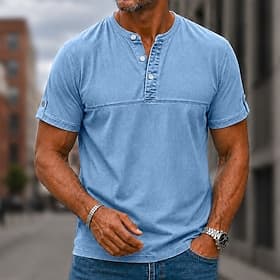 Homme Chemise Henley Chemise 100% coton délavée à l'acide Manche Courte Uni Couleur Pleine Rétro Vintage Occasionnel Le style rétro Lavé Henley Occasionnel Pri