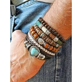 Ensemble de bracelets bohèmes pour homme, bracelets superposés vintage en cuir et perles de bois, bracelet orné d'un accent turquoise, bijoux ajustables faits