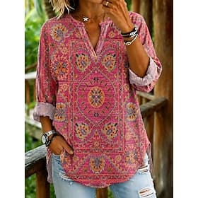 Femmes Chemisier Imprimé Graphique Paisley ancien Quotidien Élégant manche longue Col en V Hauts Réguliers Occasionnel Quotidien Bleu Rose Claire Violet Été Pr