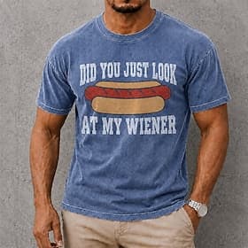 T-shirt homme «Tu as vu ma saucisse?» (motif hot-dog humoristique), 100% coton, délavé à l'acide, manches courtes, impression directe sur textile, col rond