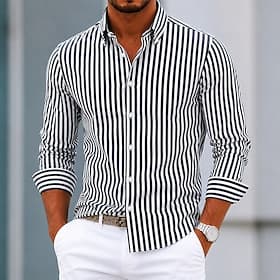Homme Chemise Chemise habillée Chemise boutonnée Rayé Quotidien Affaires Bleu Bleu Ciel Noir Blanche manche longue Col Rabattu Toutes saisons Vêtement Tenue