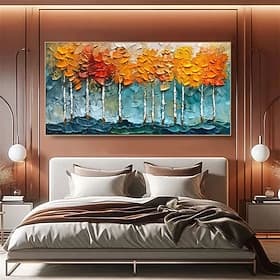 Peinture à l'huile texturée peinte à la main, représentant une forêt en impasto, art mural sur toile horizontale, décor d'automne, bouleau texturé, peinture su