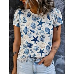 Women's T Shirt Print Graphic Ocean Stylish Classic Casual Short Sleeve Crew Neck Regular Tops Casual Daily Blue Pink Summer Spring