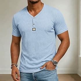 Homme T-shirt T-shirt en tricot côtelé Manches courtes Col en V Henley Été Uni Bande de Fosse Mode Designer Basique Pur Occasionnel Vacances Rue Bleu Noir Blan