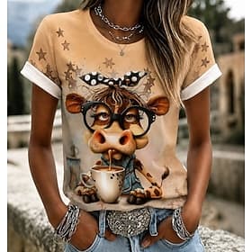 Jour de Thanksgiving Femmes T-shirt Bloc de Couleur Imprimé Graphique Animal Vache ancien Élégant Classique Manche Courte Col ras du cou Hauts Réguliers Occasi